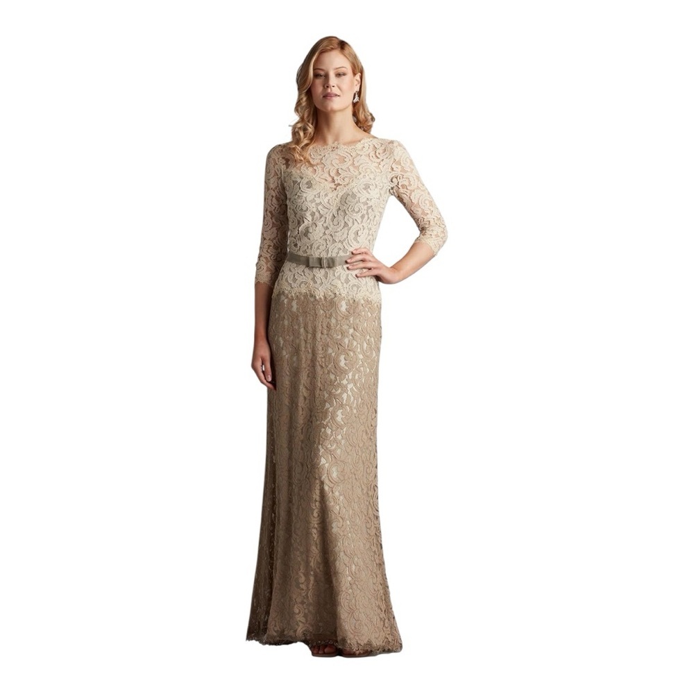 Tadashi Shoji Long Sleeve Lace Gown in Champagne and Ivory